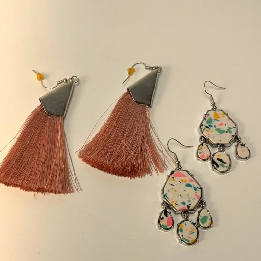 Earring Set Mauve Pink Tassel and Terrazzo Print Geometric‎ Drop Earrings